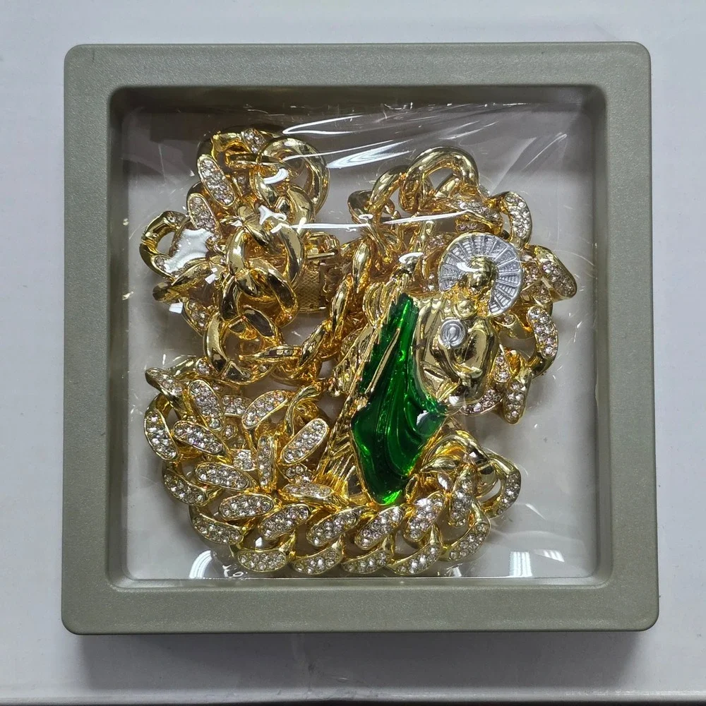 Gold Iced Out Cuban Link Chain San Judas Saint Jude Pendant Necklace 20 Inch New